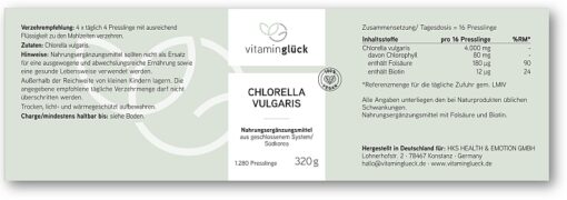 Vitaminglück Chlorella vulgaris Presslingen Etikett