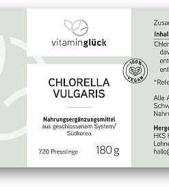Vitaminglück Chlorella vulgaris Presslingen Etikett